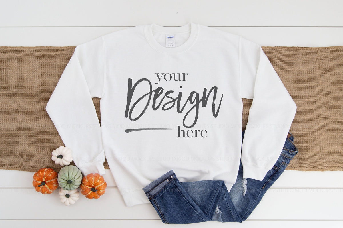 Gildan 18000 Sweatshirt Mockup | WHITE   Mod Mockups Studio